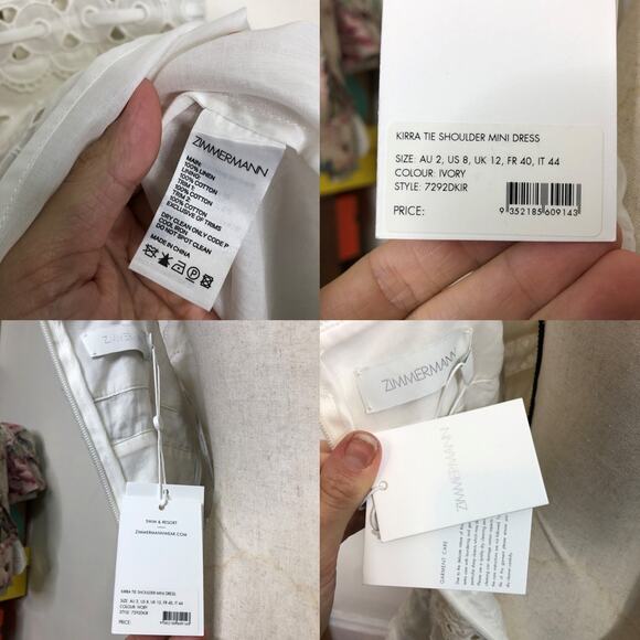 Zimmermann Dress Kirra Tie Shoulder Mini White Ivory Flare Linen Lace '2' US 8 - Picture 5 of 15